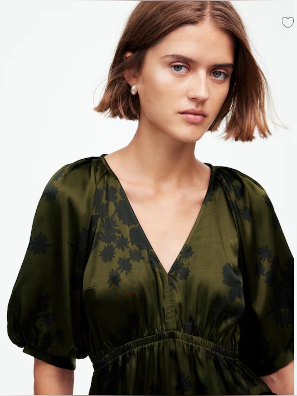 Madewell Shirred Puff-Sleeve Top in Satin Mossy Umber - Picture 2 of 10